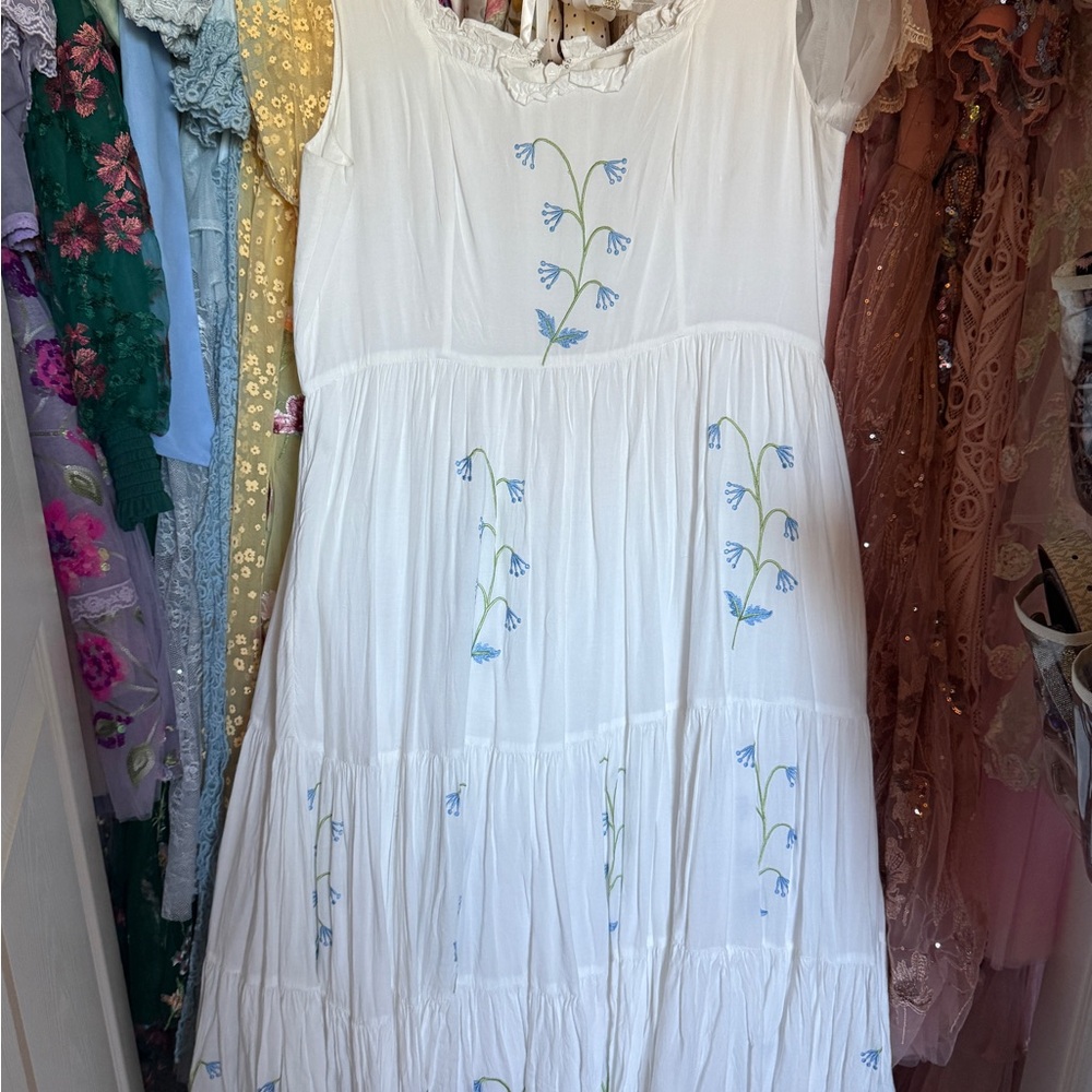 JessaKae White Tiered Maxi Dress with Blue Floral Embroidery
